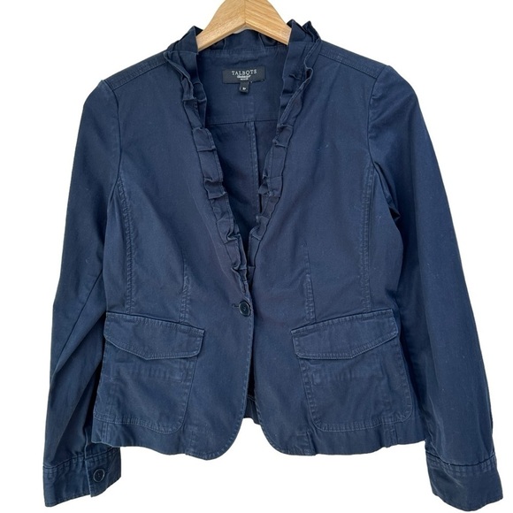 Talbots Blazer Navy Ruffle Collar V-Neck, 8P - Picture 1 of 4